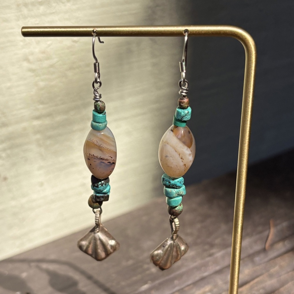 Handmade Vintage Genuine Turquoise Heishi and Agate Bead Mixed Metal Earrings